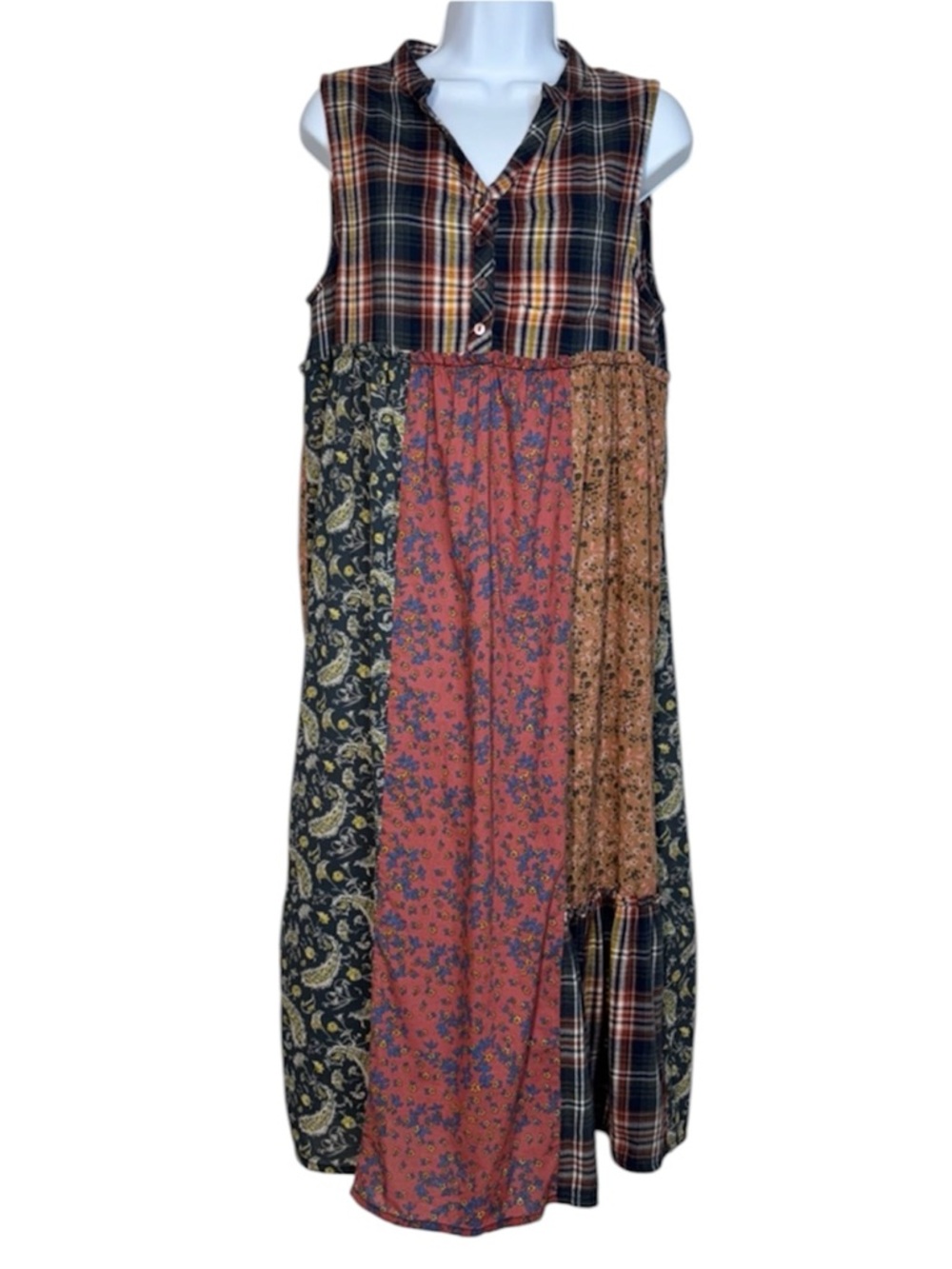 NATURAL LIFE Cotton Mixed Media Patchwork Midi Sleeveless Dress Cottagecore | M